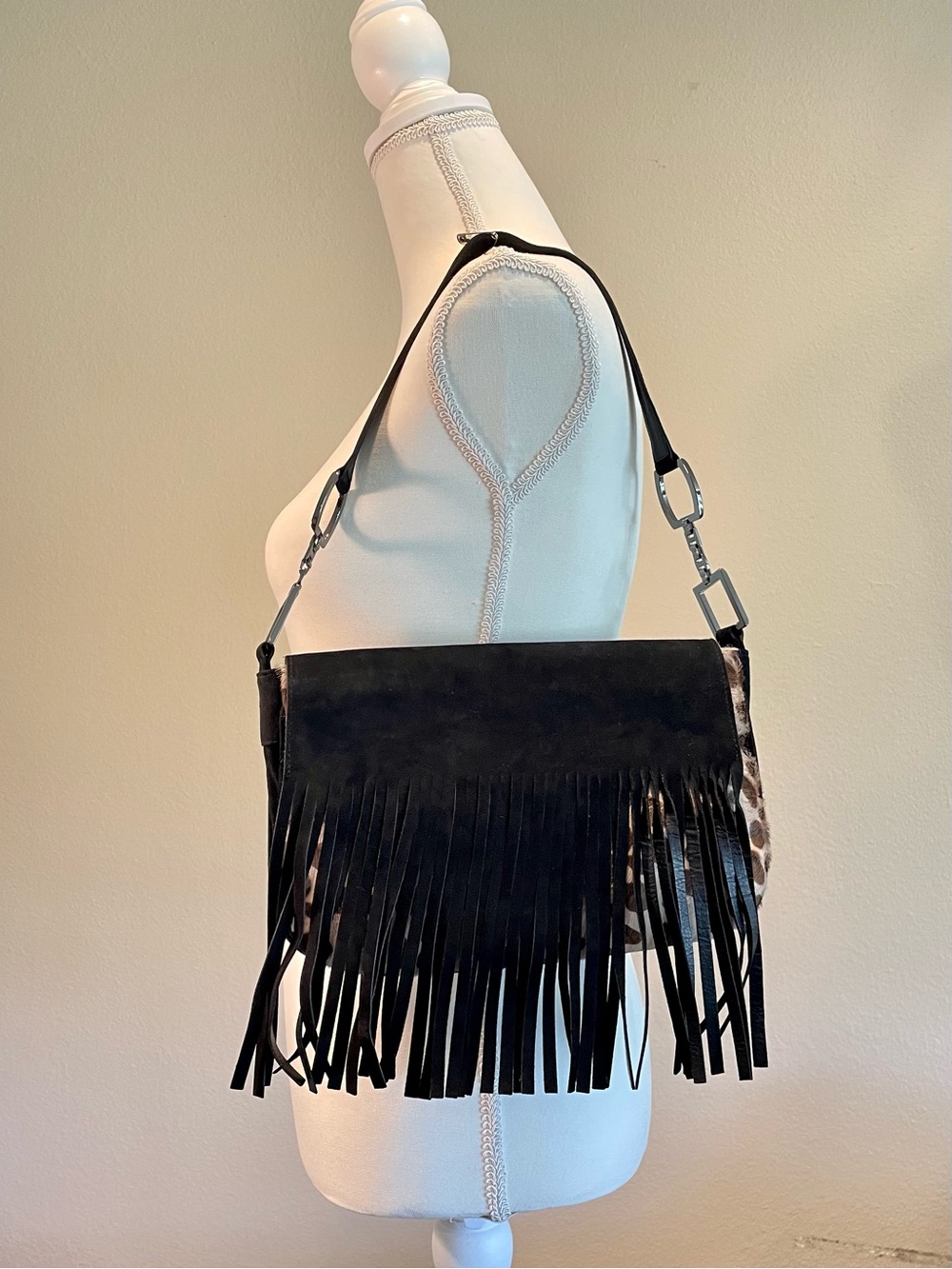 Stuart Weitzman Calf/Leopard with Black Suede Fringe Shoulder Bag - Spain